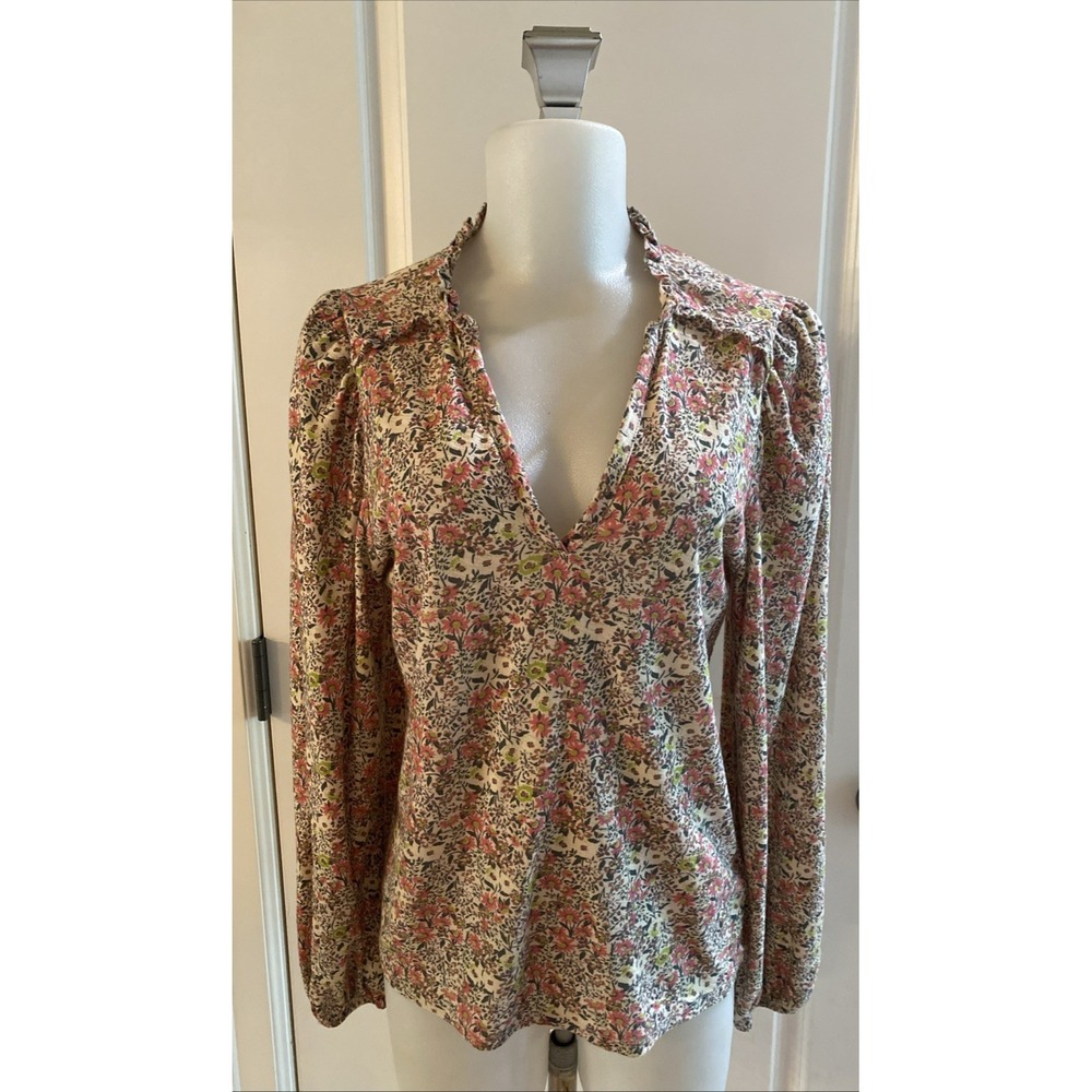 Nation LTD Claudine Ruffle Tee Floral Print Top Shirt Pink Green Cream -Size M